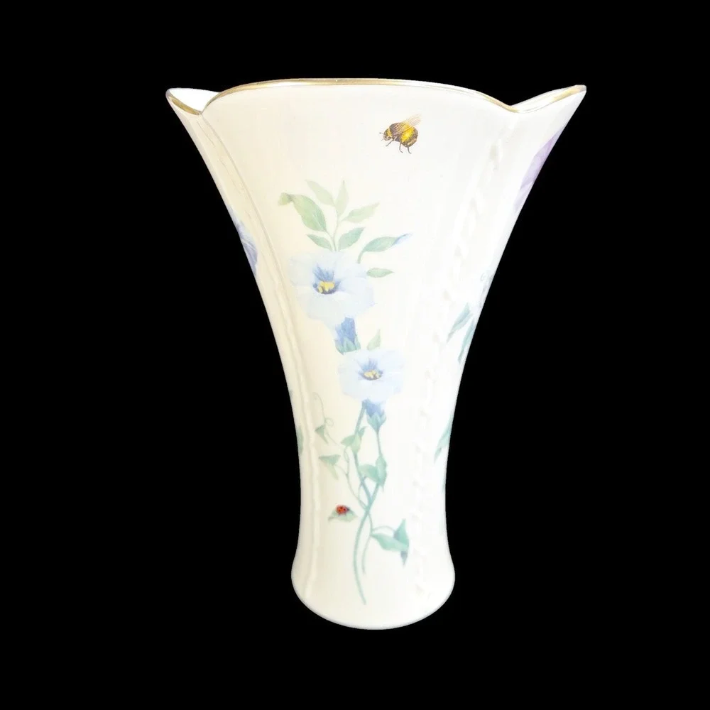Lenox Morningside Cottage Vase Morning Glory Flowers Bees Ladybugs Gold Trim
